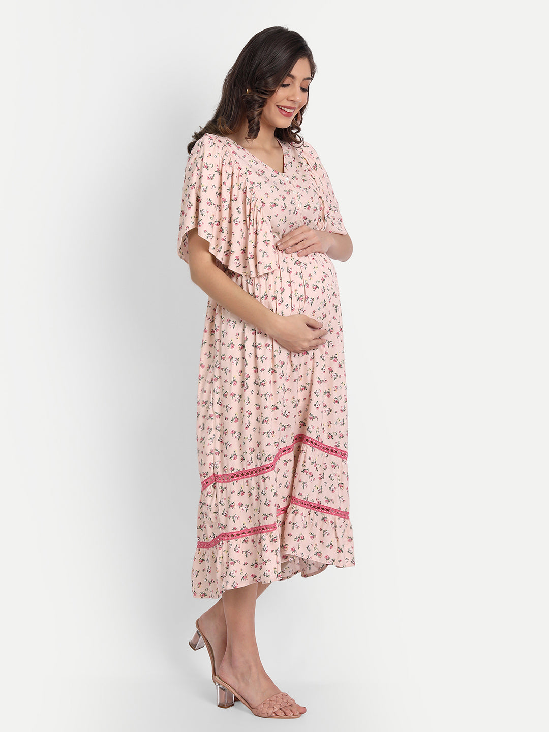 Pink Floral Printed Maternity Midi Dress