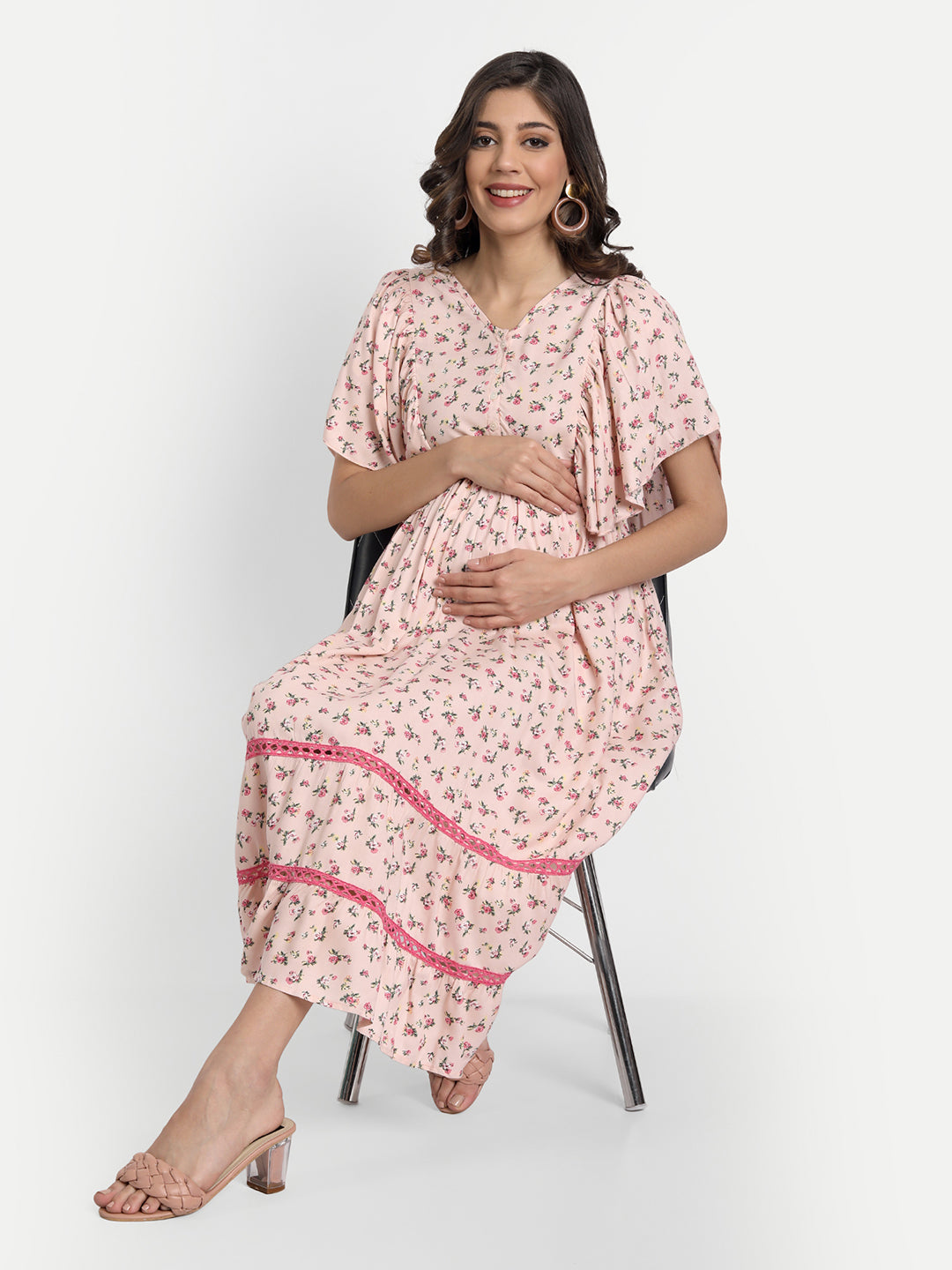 Pink Floral Printed Maternity Midi Dress