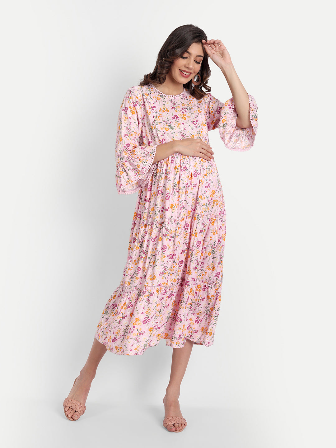 Pink Floral Maternity Midi Dress