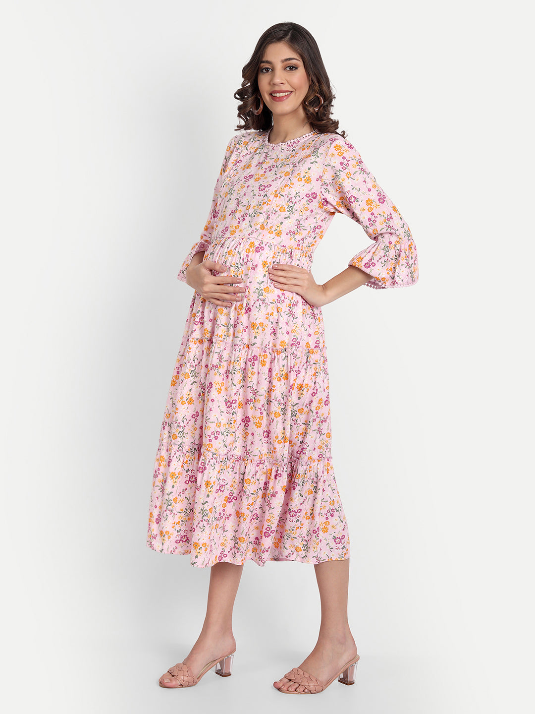 Pink Floral Maternity Midi Dress