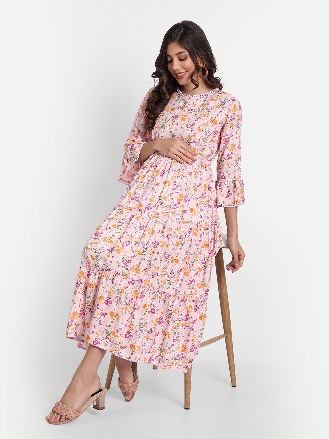 Pink Floral Maternity Midi Dress