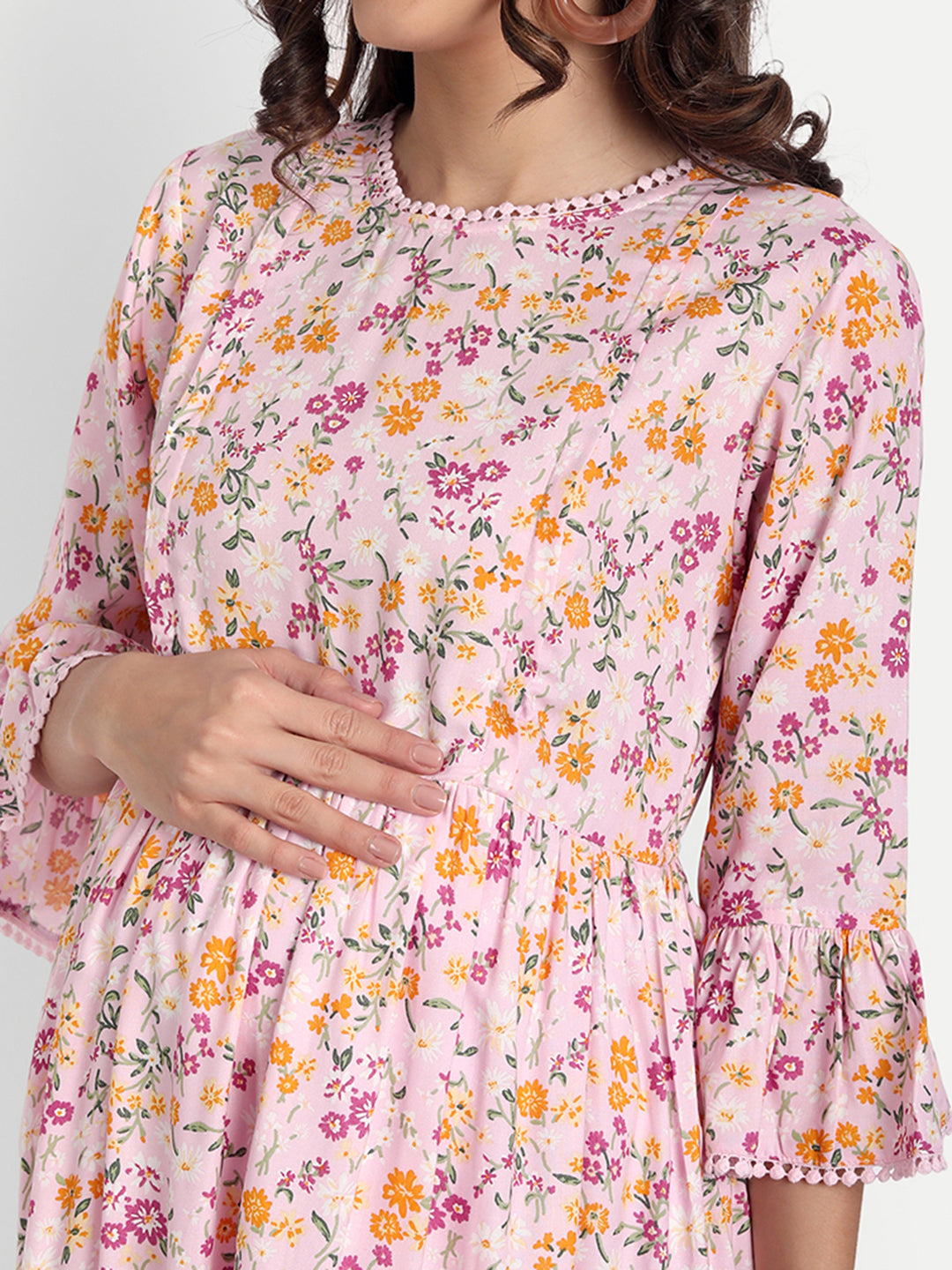 Pink Floral Maternity Midi Dress