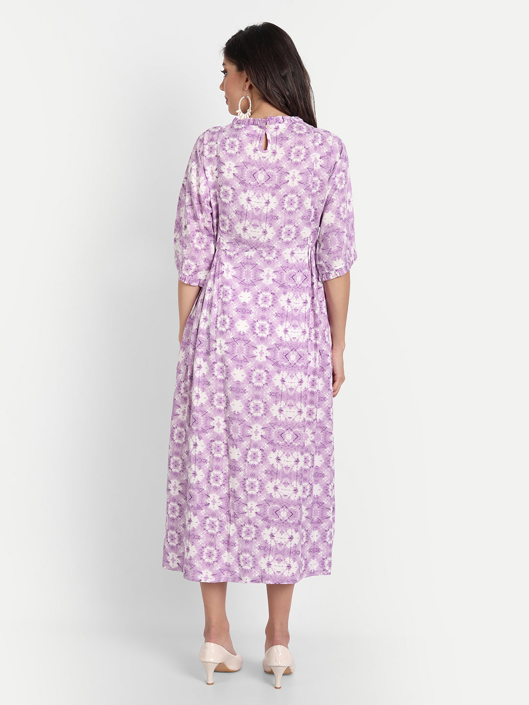 Purple & White Printed Maternity Midi Dress