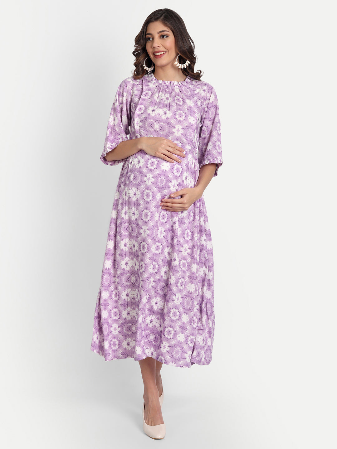 Purple & White Printed Maternity Midi Dress