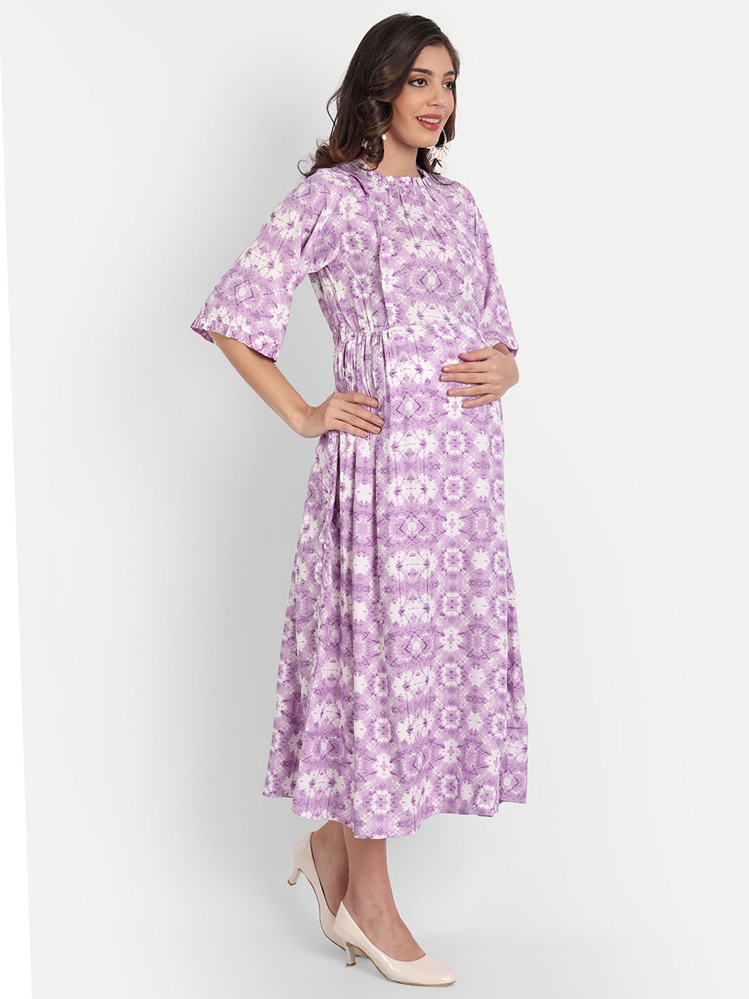 Purple & White Printed Maternity Midi Dress