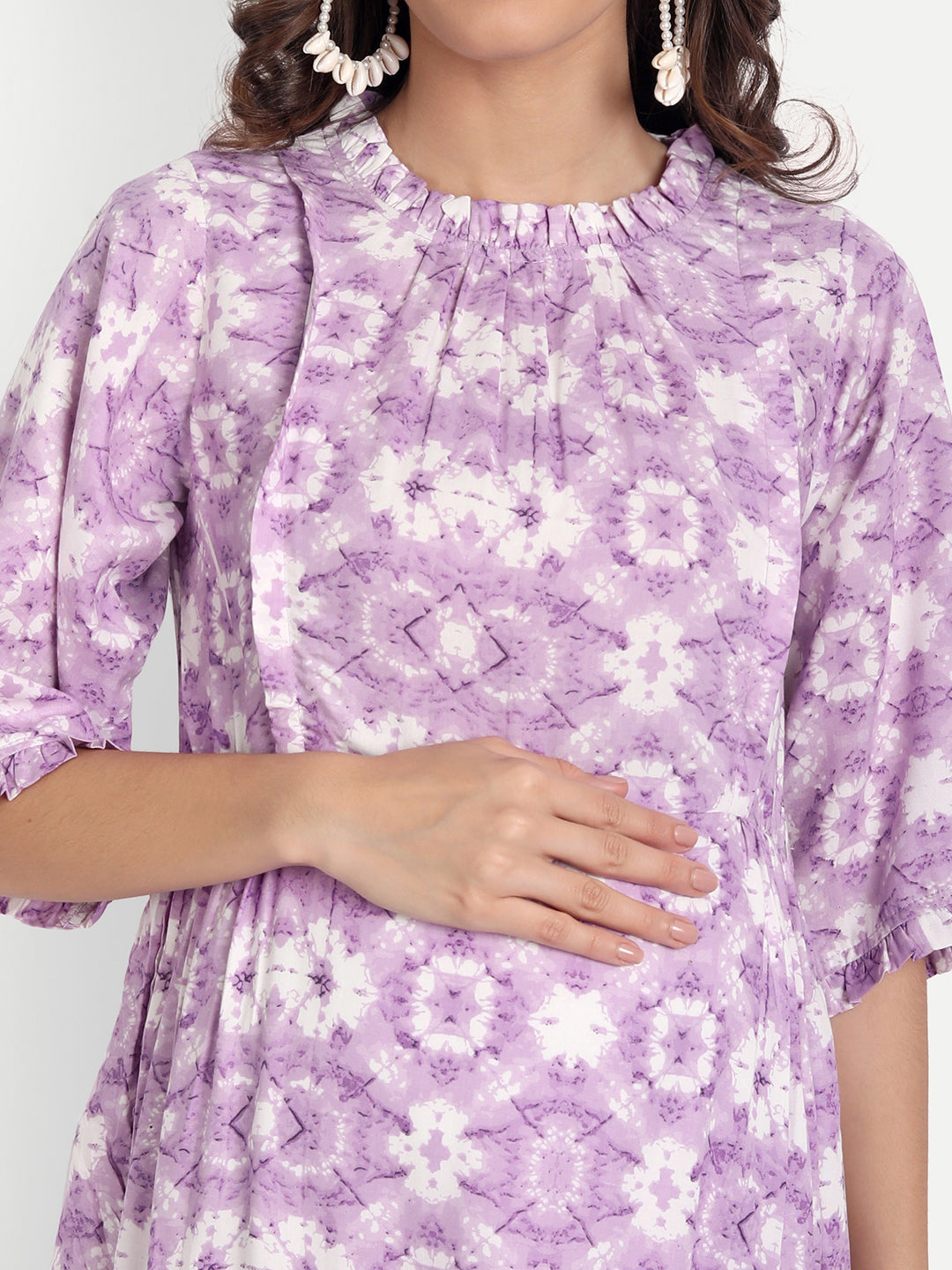 Purple & White Printed Maternity Midi Dress