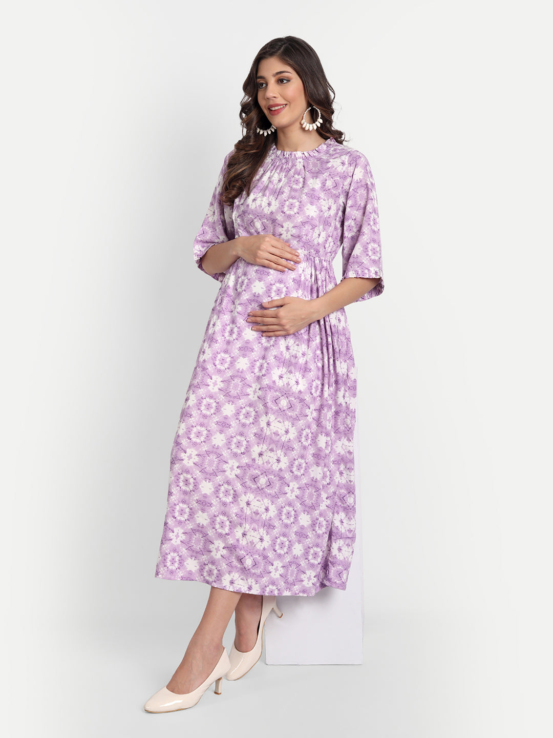 Purple & White Printed Maternity Midi Dress