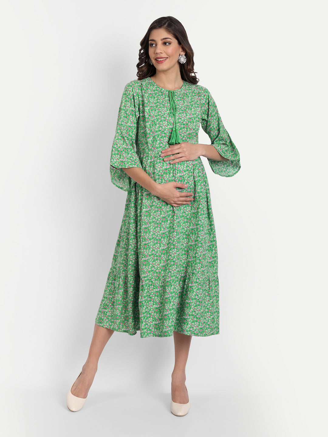 Green Floral Maternity Midi Dress