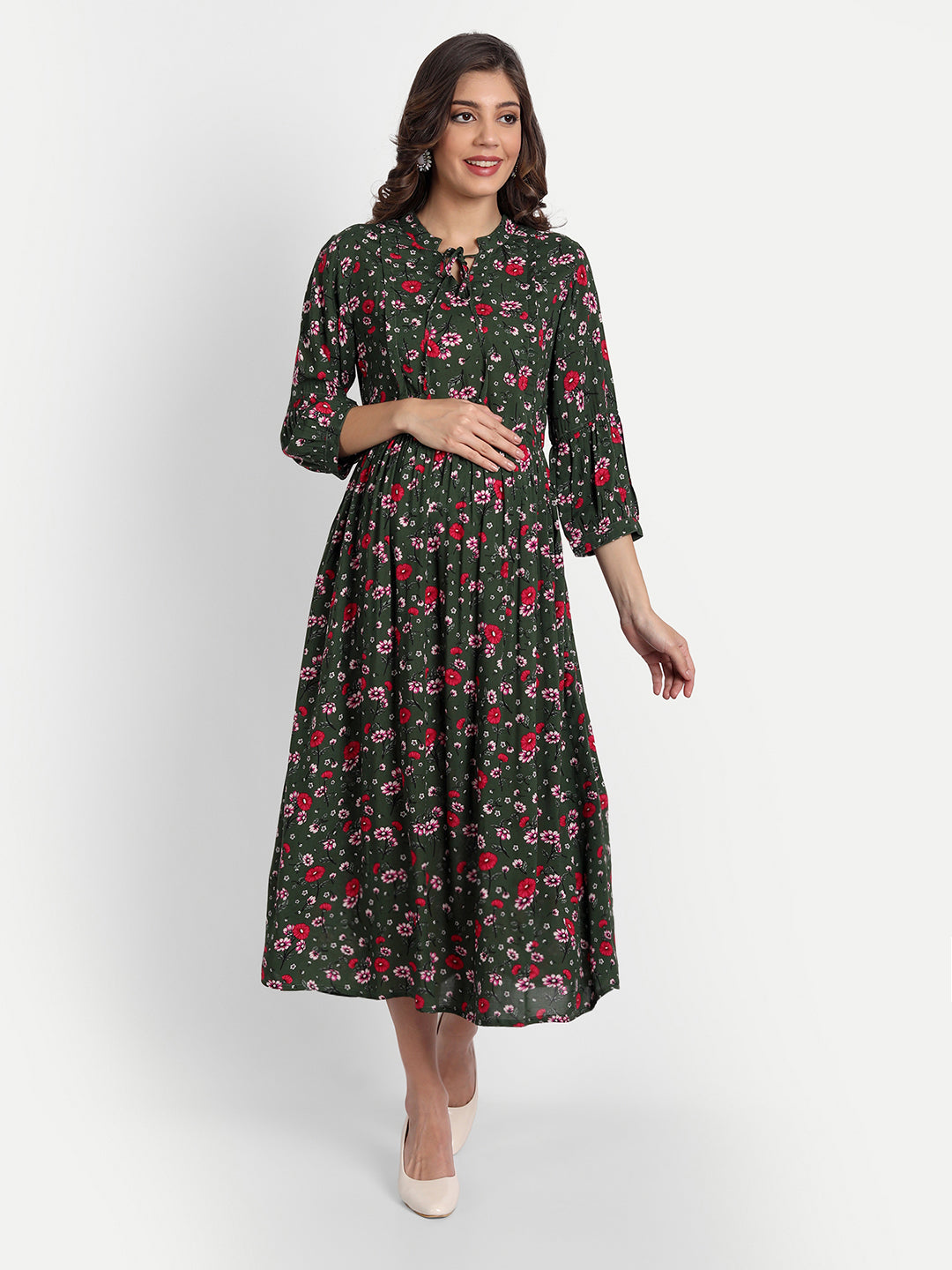 Green & Red Floral Printed Maternity Midi Dress