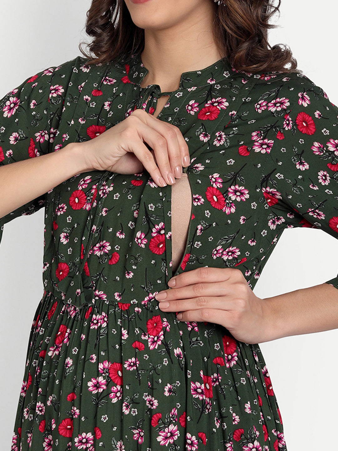 Green & Red Floral Printed Maternity Midi Dress