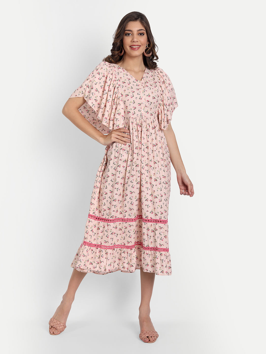 Pink Floral Printed Maternity Midi Dress