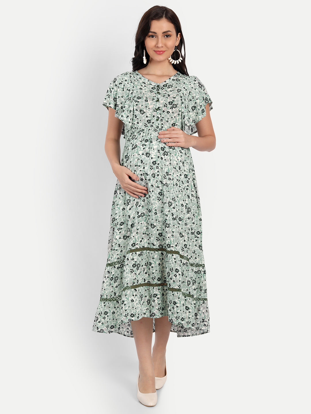 Green Floral Maternity Midi Dress