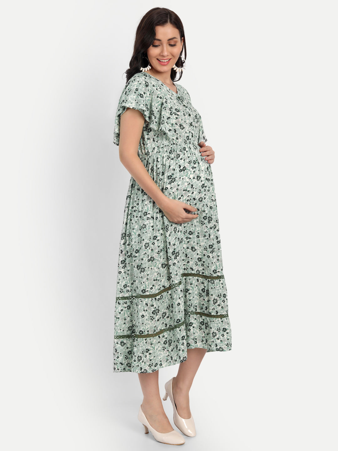 Green Floral Maternity Midi Dress