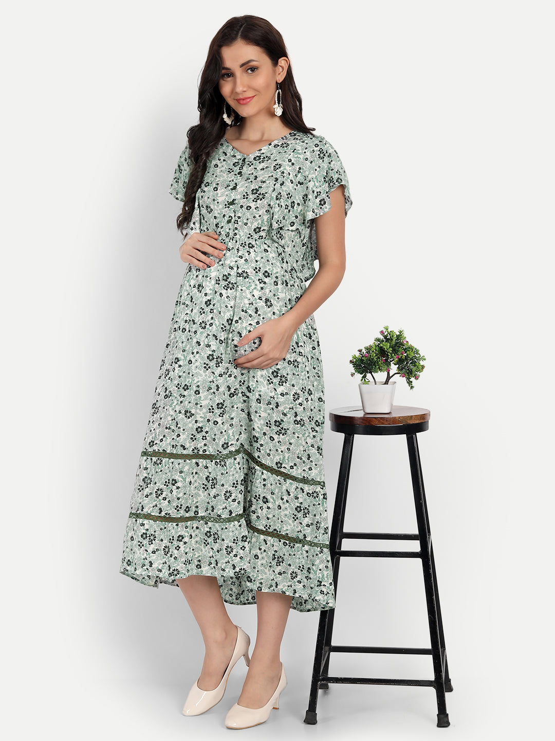 Green Floral Maternity Midi Dress