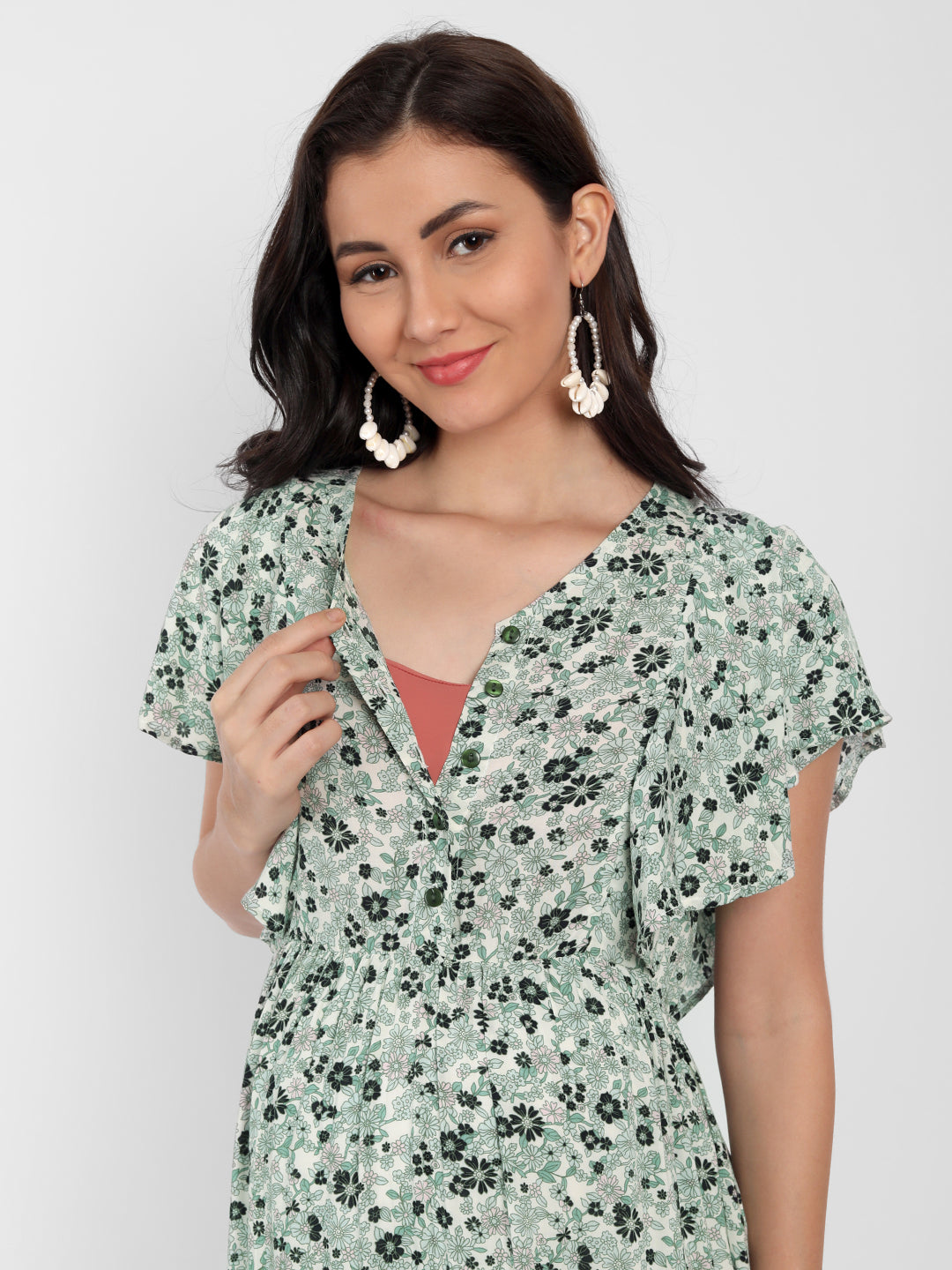 Green Floral Maternity Midi Dress