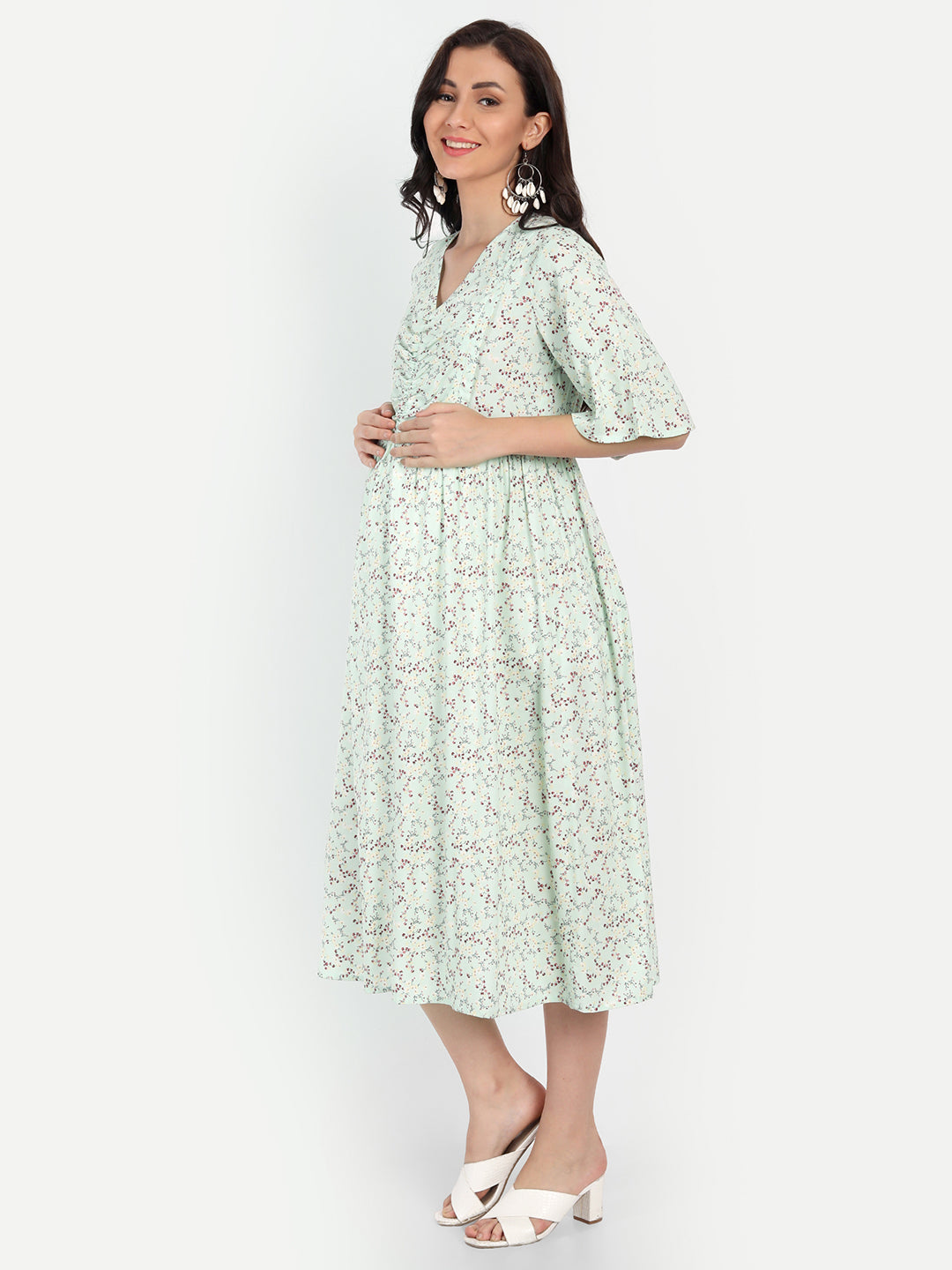 Women Green Floral Maternity Midi Dress