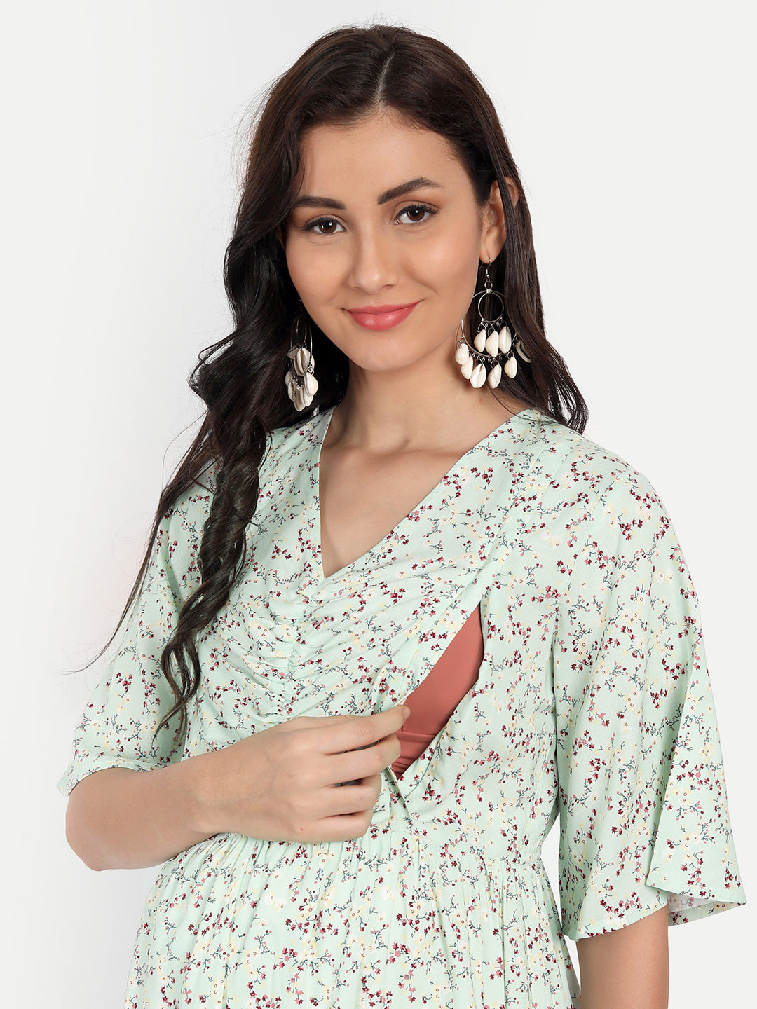 Women Green Floral Maternity Midi Dress