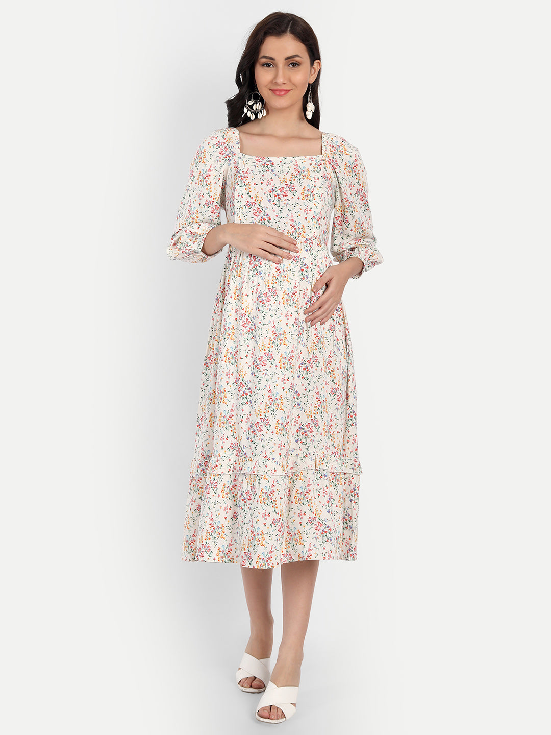 Cream-Coloured & Pink Floral Maternity Midi Dress