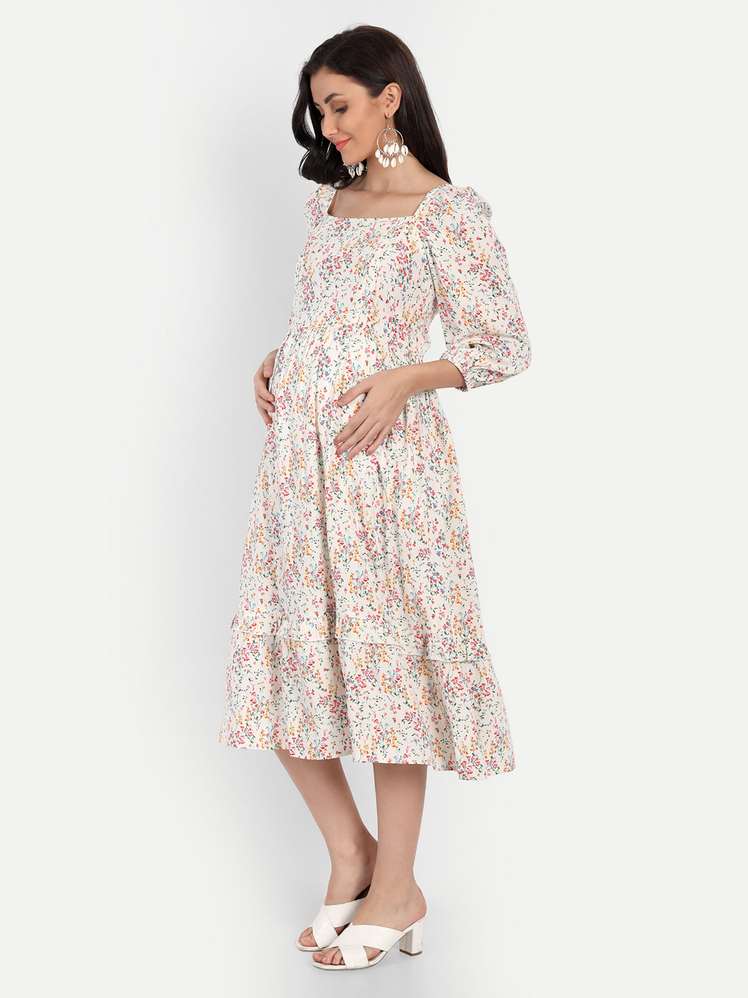 Cream-Coloured & Pink Floral Maternity Midi Dress