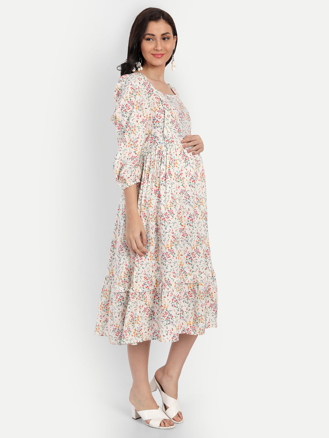Cream-Coloured & Pink Floral Maternity Midi Dress