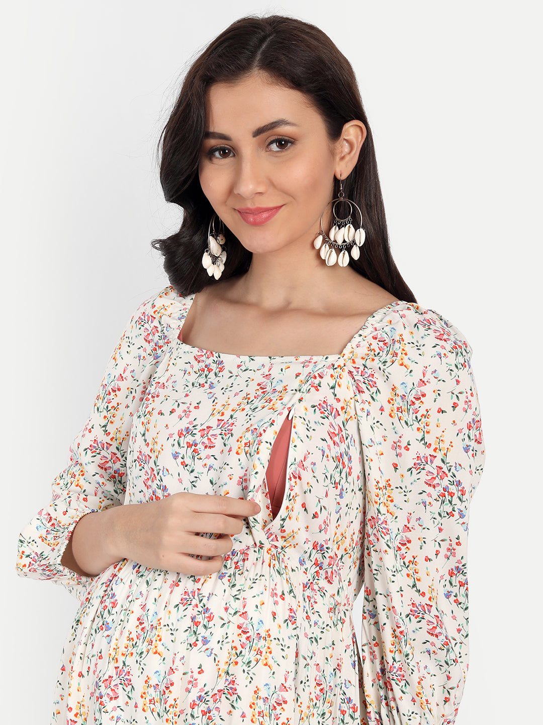 Cream-Coloured & Pink Floral Maternity Midi Dress