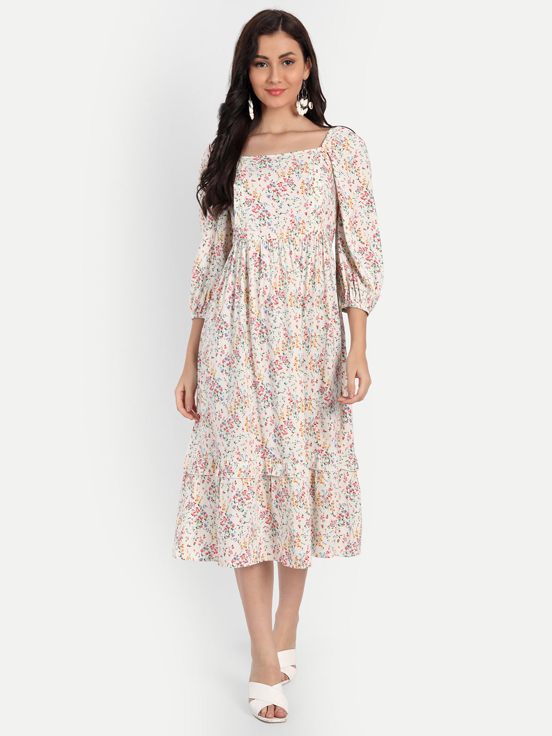 Cream-Coloured & Pink Floral Maternity Midi Dress