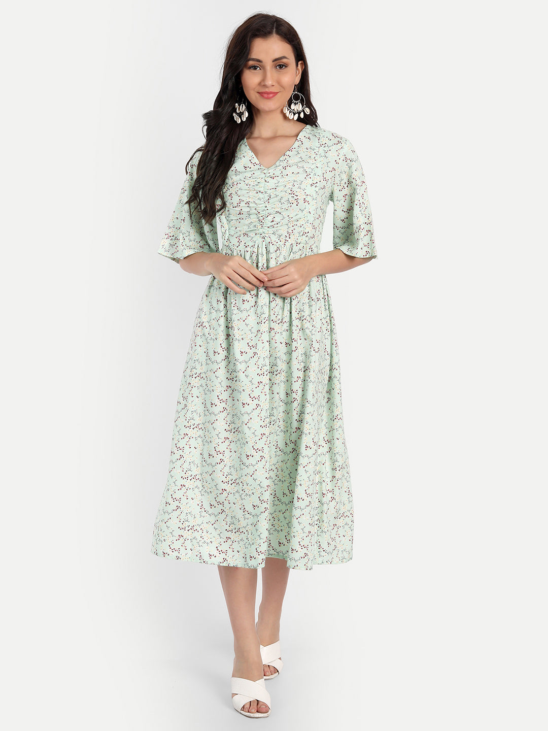 Women Green Floral Maternity Midi Dress