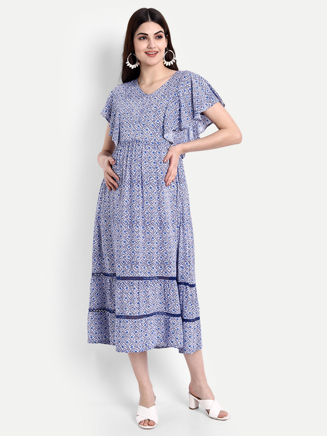 Women Blue Floral Printed Maternity Midi Dress