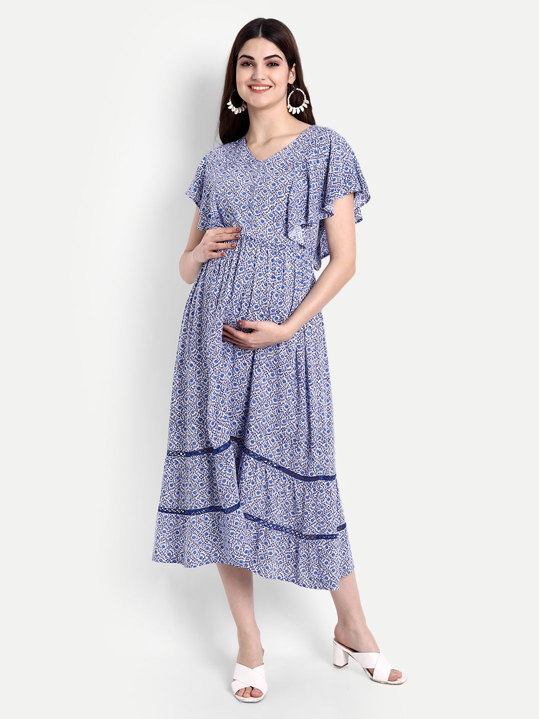 Women Blue Floral Printed Maternity Midi Dress