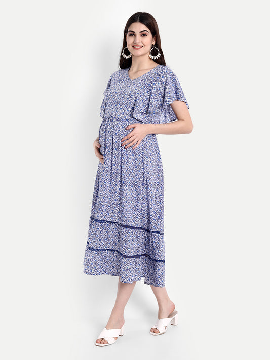 Women Blue Floral Printed Maternity Midi Dress