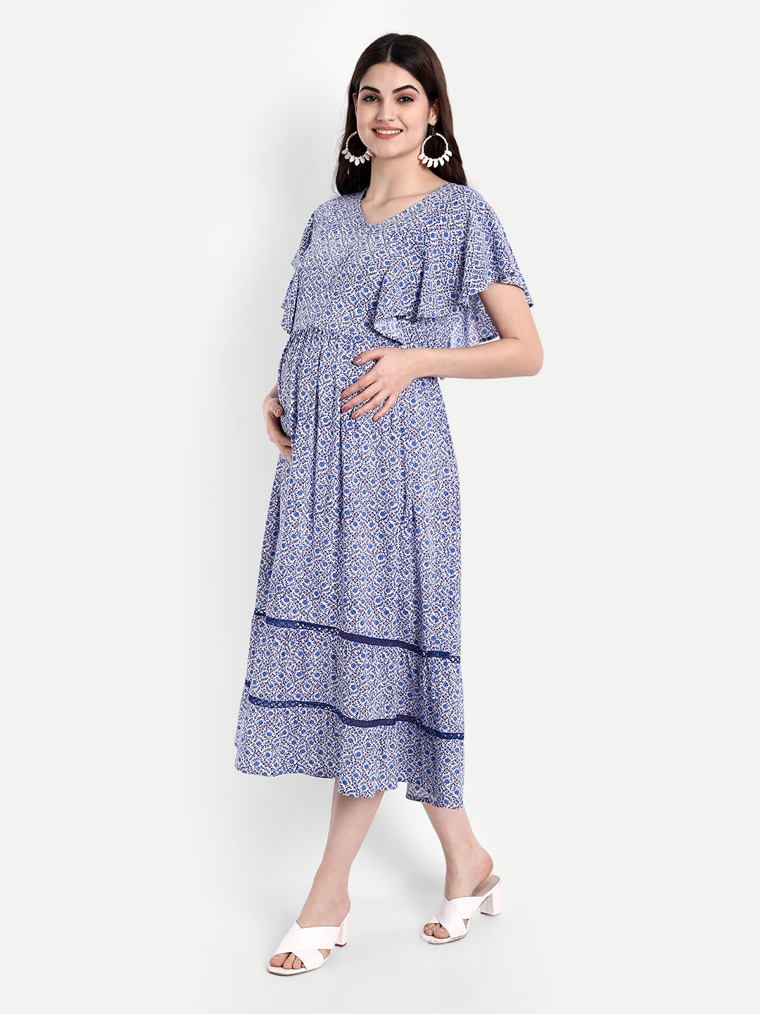 Women Blue Floral Printed Maternity Midi Dress