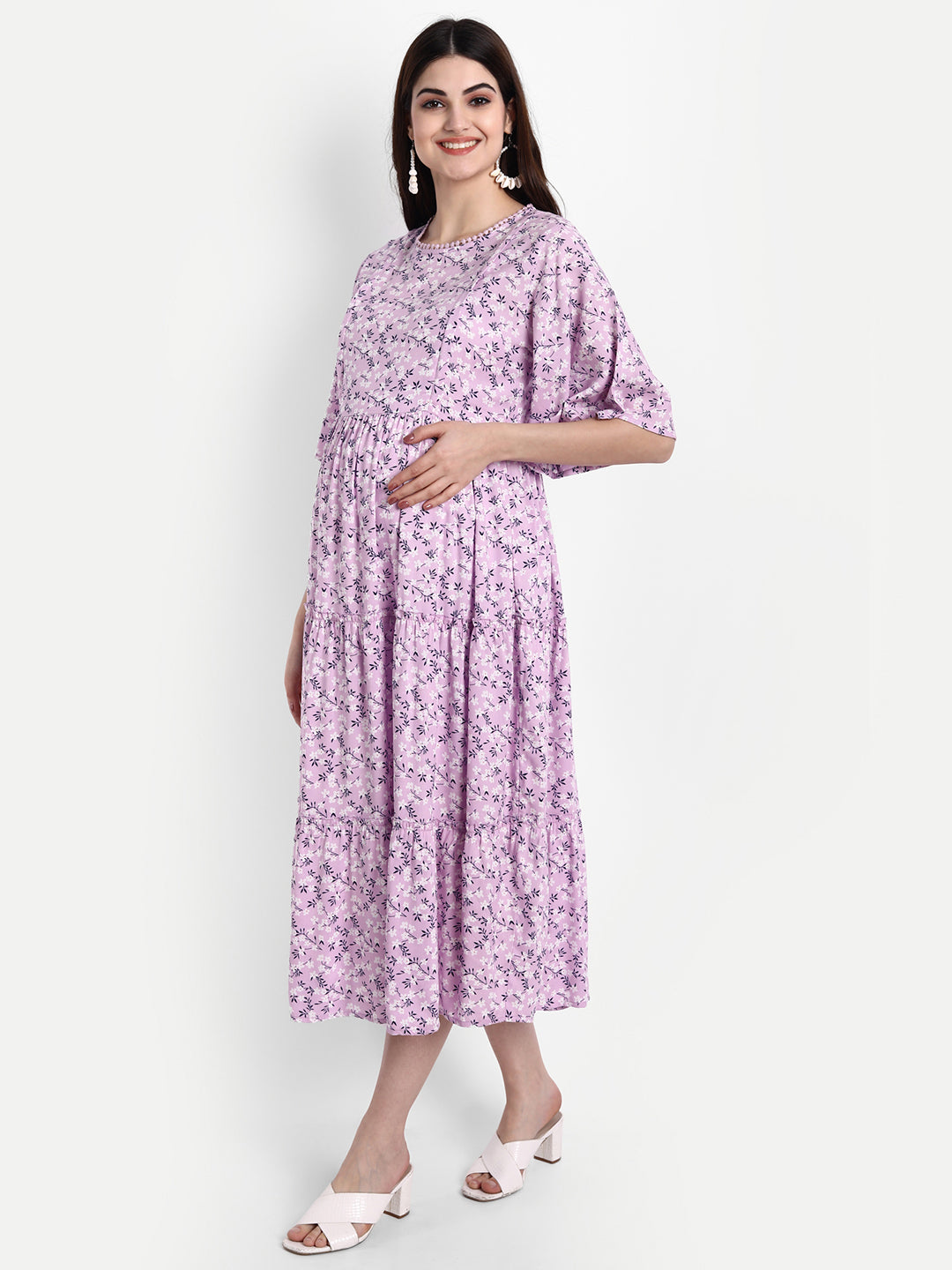 Women Purple & White Floral Maternity Midi Dress