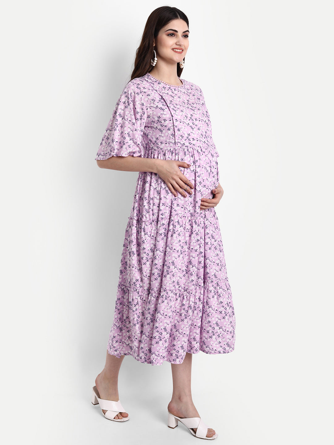 Women Purple & White Floral Maternity Midi Dress