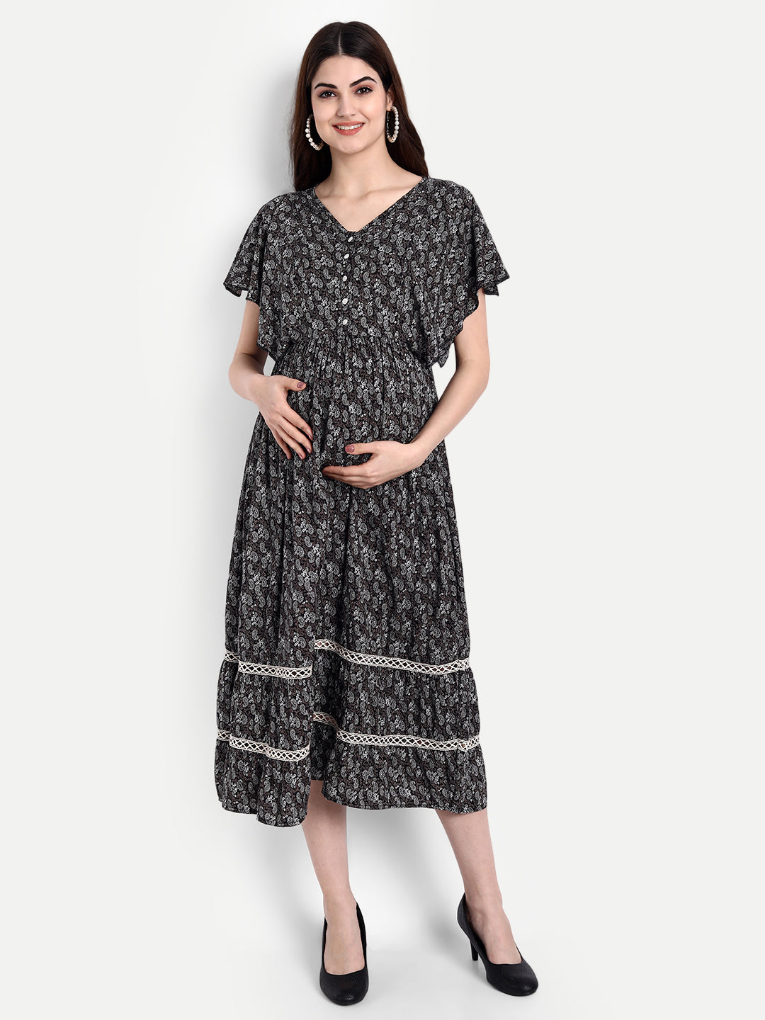 Black Floral Maternity Midi Dress