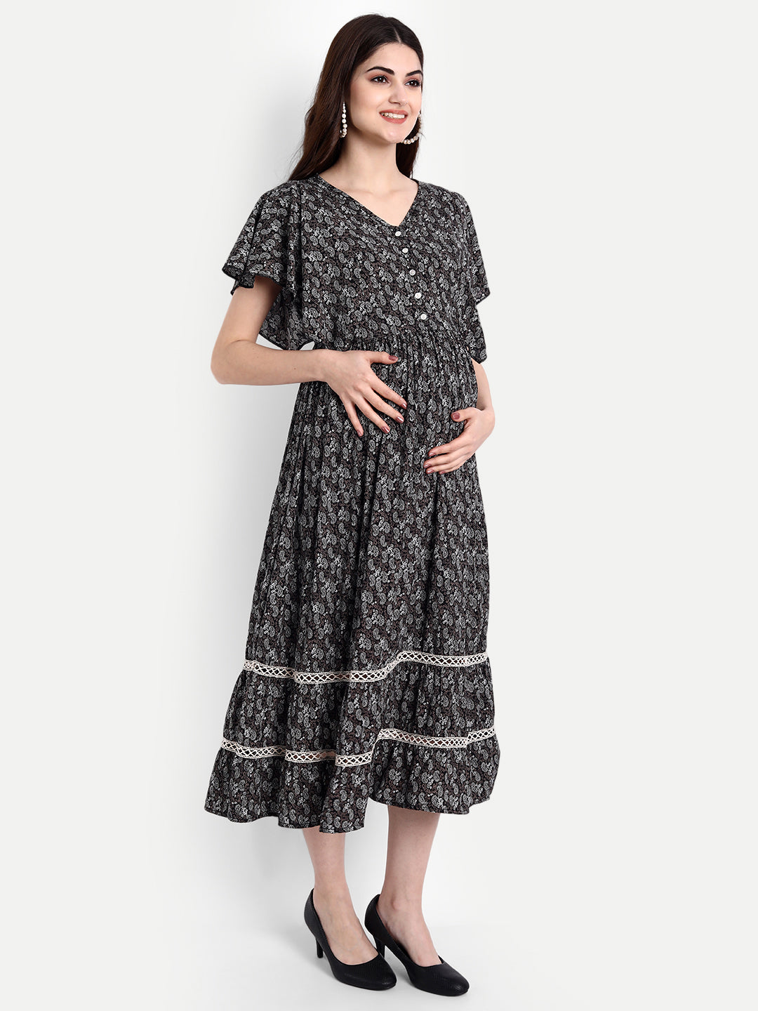 Black Floral Maternity Midi Dress