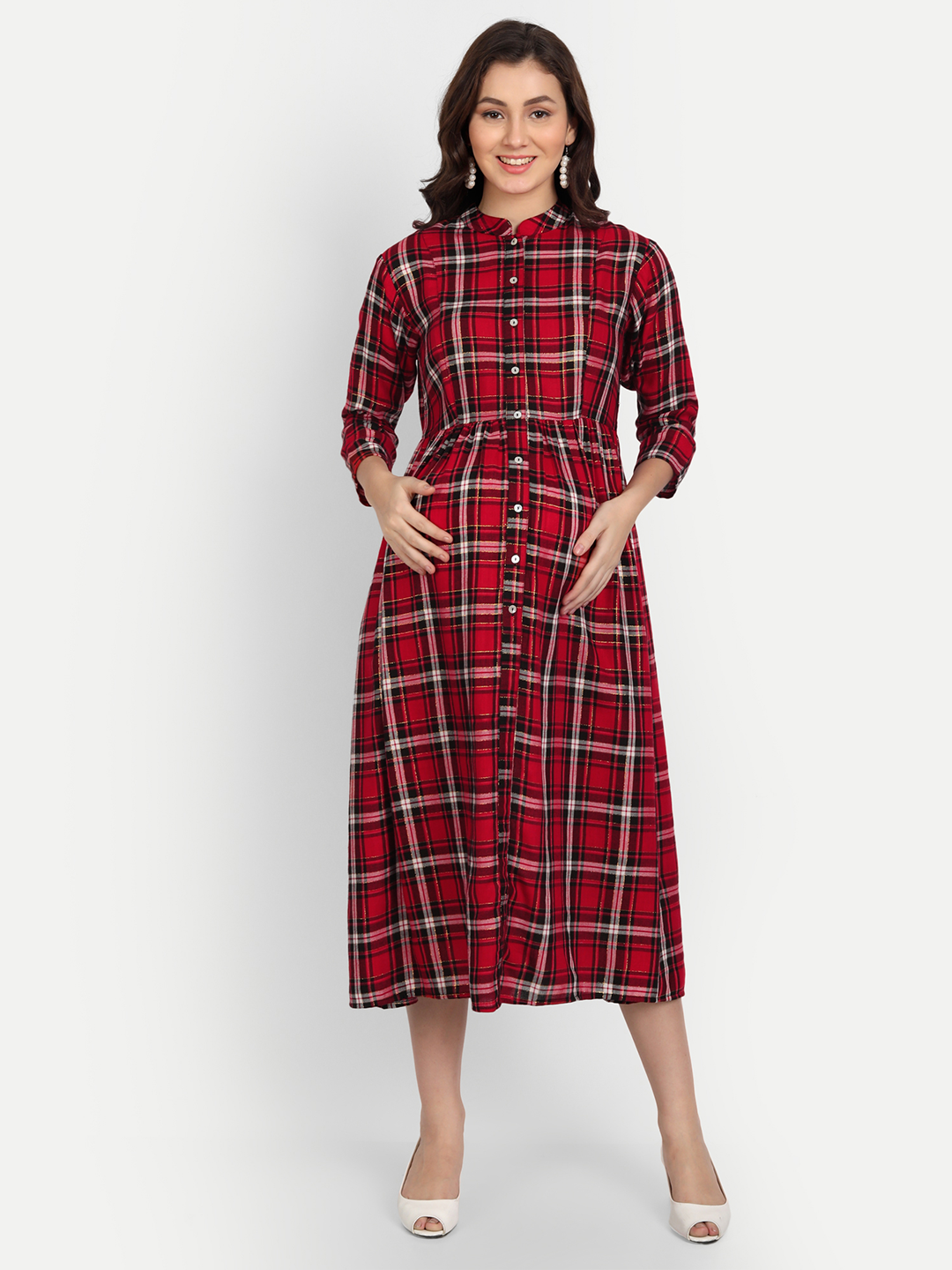 Red Floral Tie-Up Neck Maternity Midi Dress
