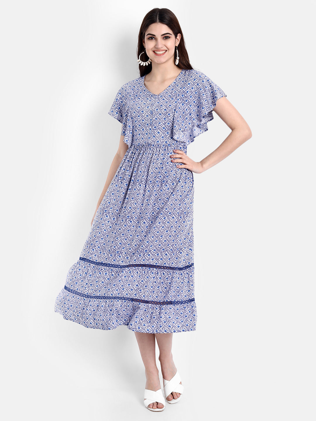 Women Blue Floral Printed Maternity Midi Dress