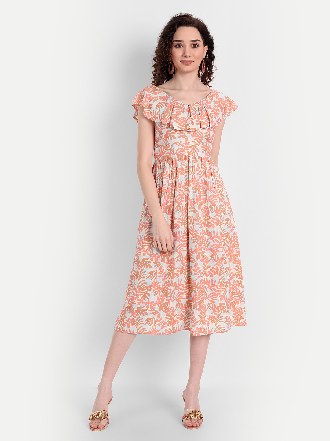 Peach-Coloured Floral Midi Dress