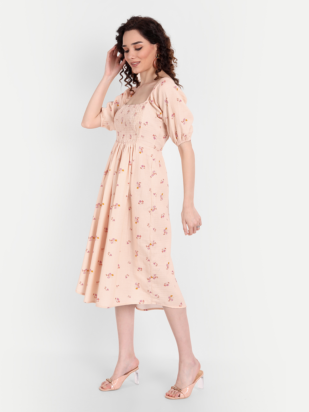 Peach-Coloured Floral Midi Dress