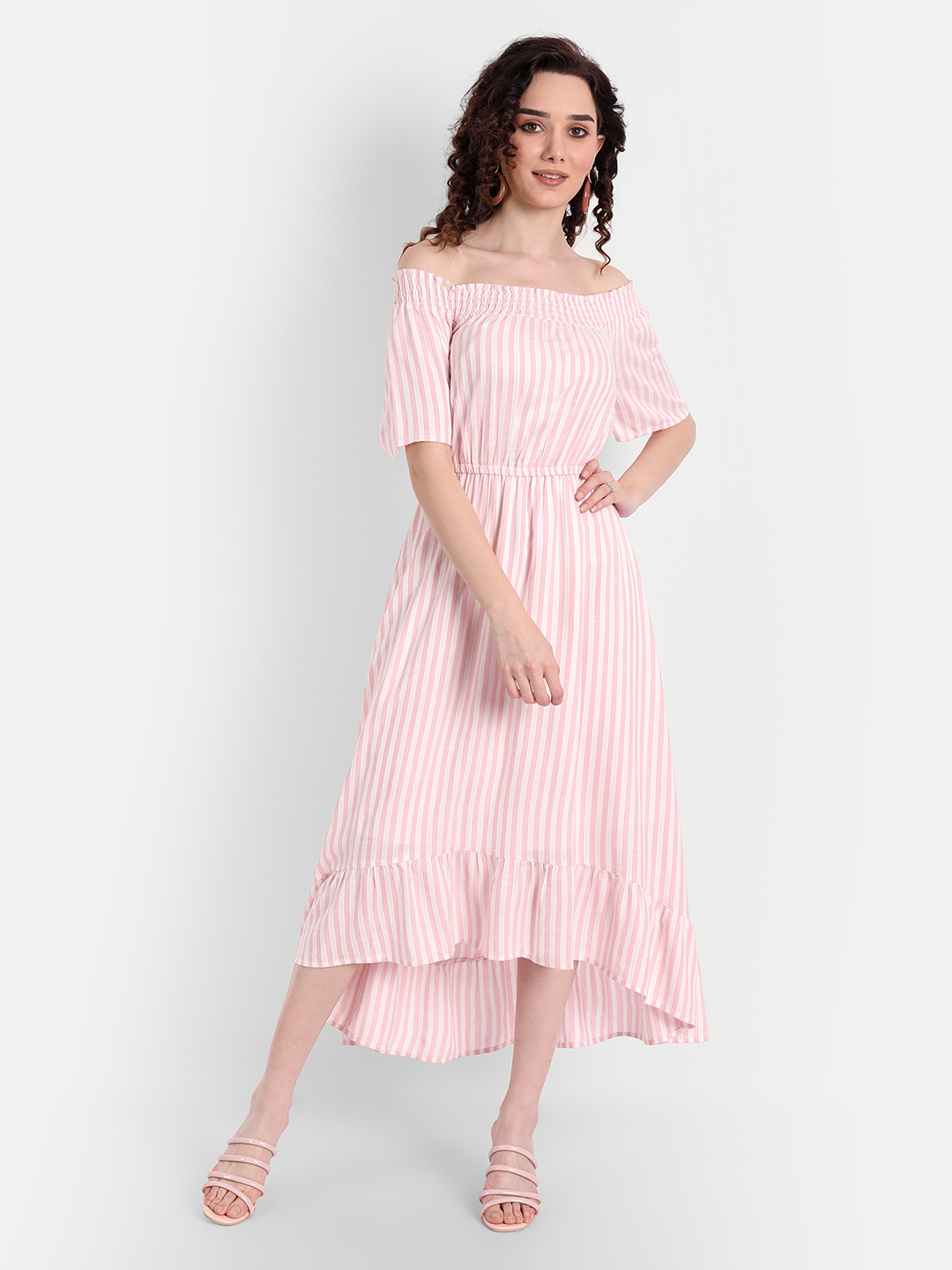 Pink Off-Shoulder Midi Dress