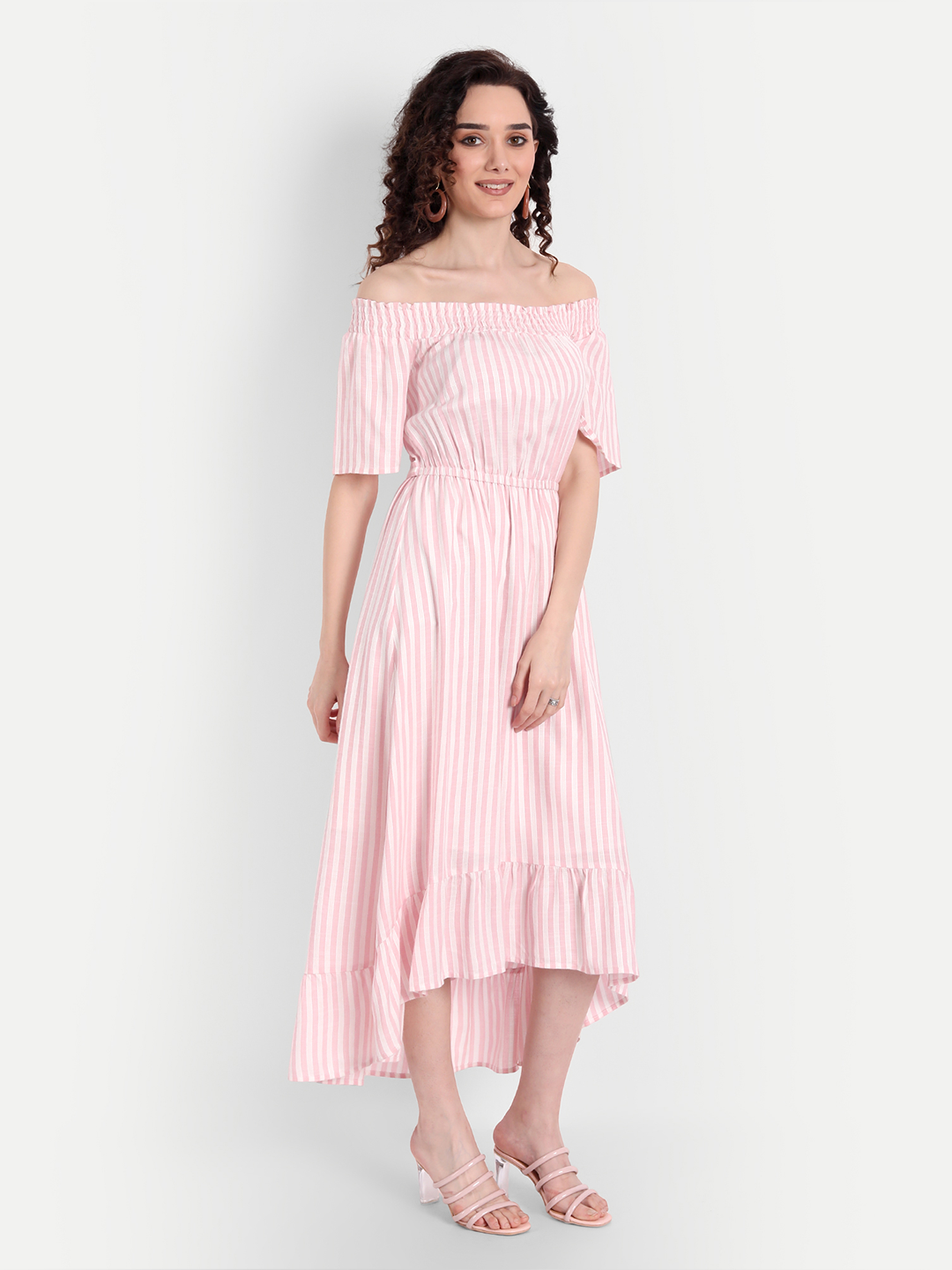 Pink Off-Shoulder Midi Dress