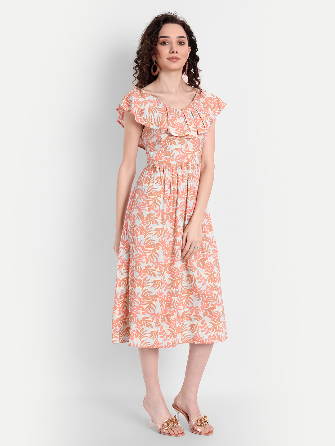 Peach-Coloured Floral Midi Dress