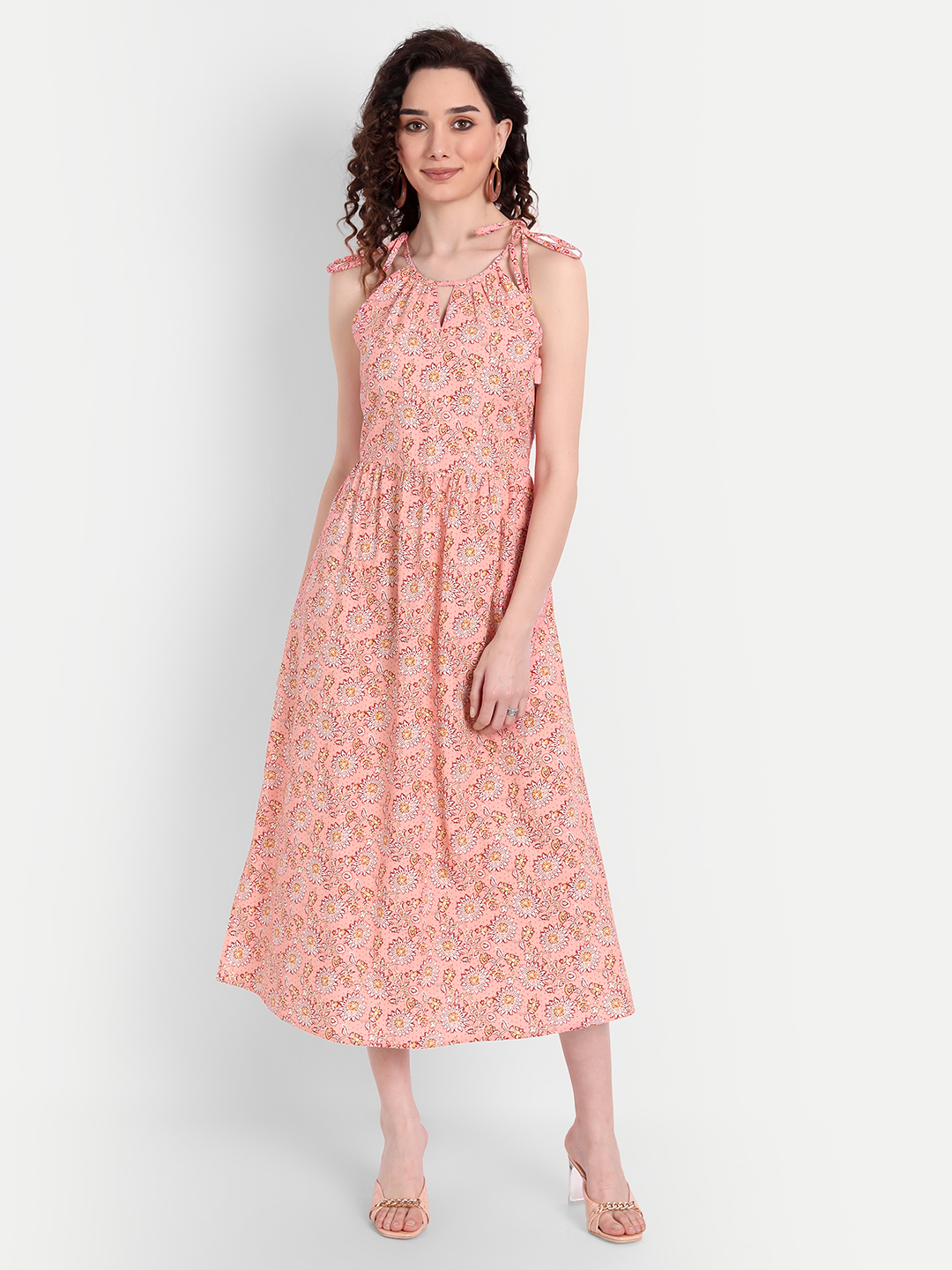 Pink Floral A-Line Midi Dress