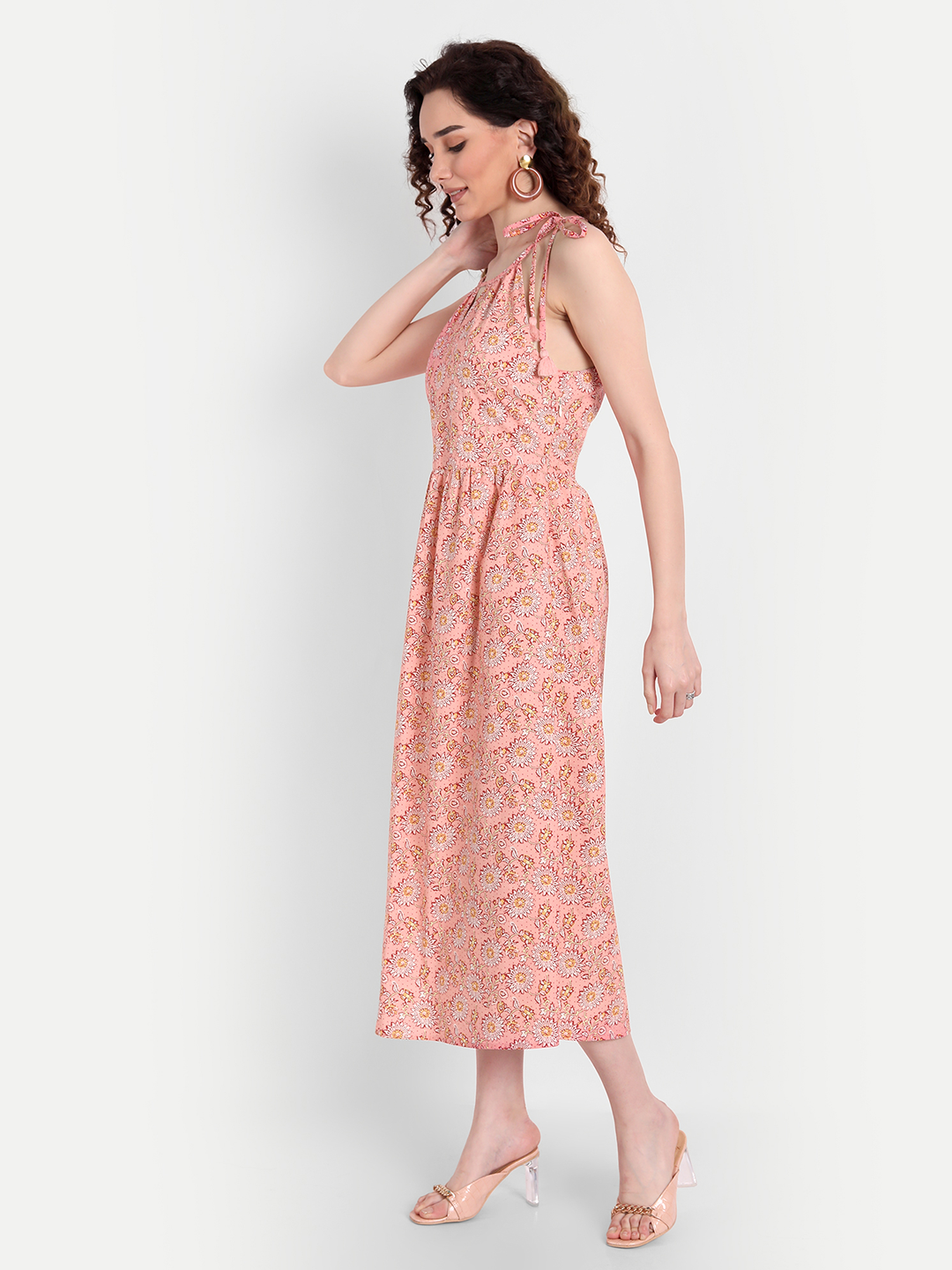 Pink Floral A-Line Midi Dress