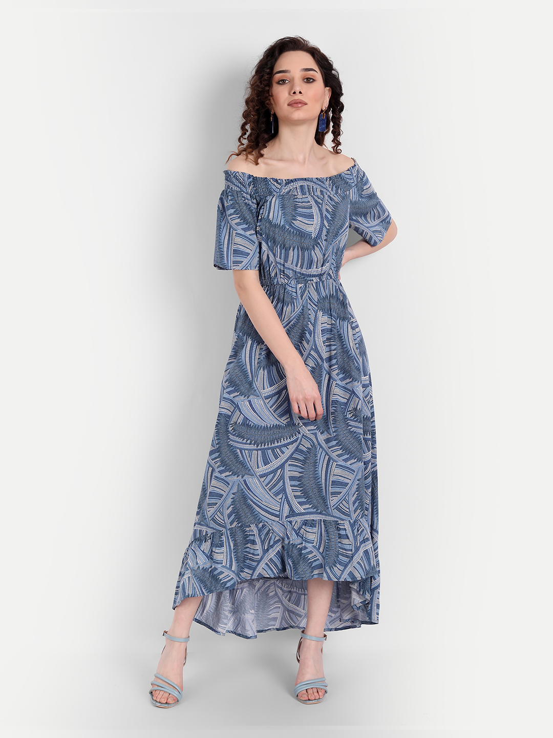 Blue Ethnic Motifs Off-Shoulder Maxi Dress