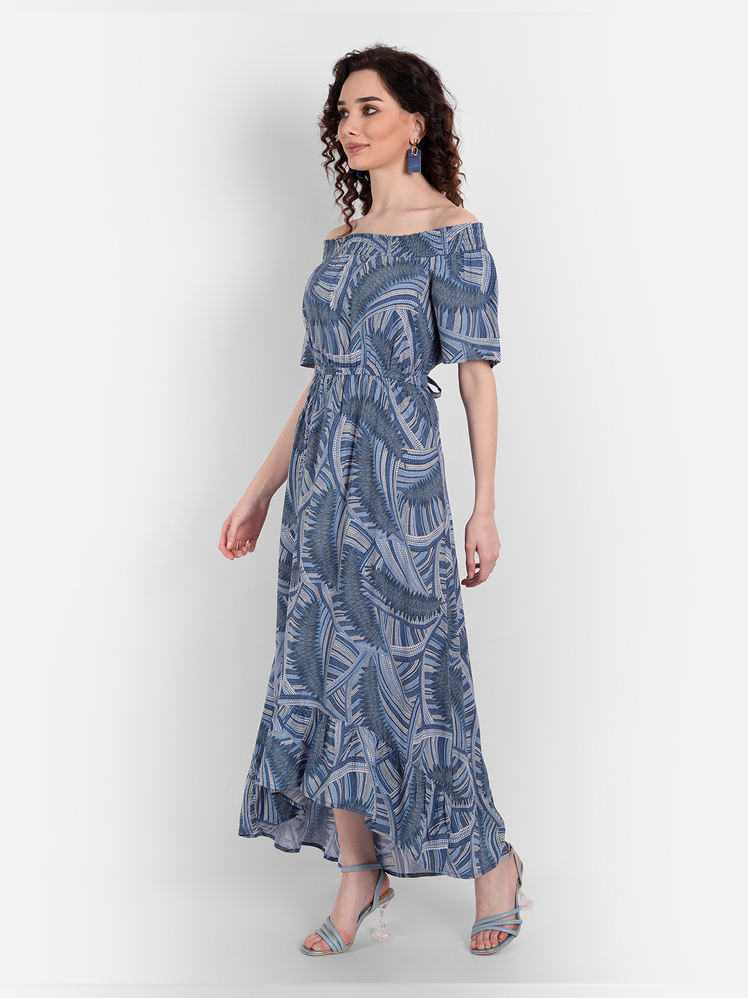 Blue Ethnic Motifs Off-Shoulder Maxi Dress