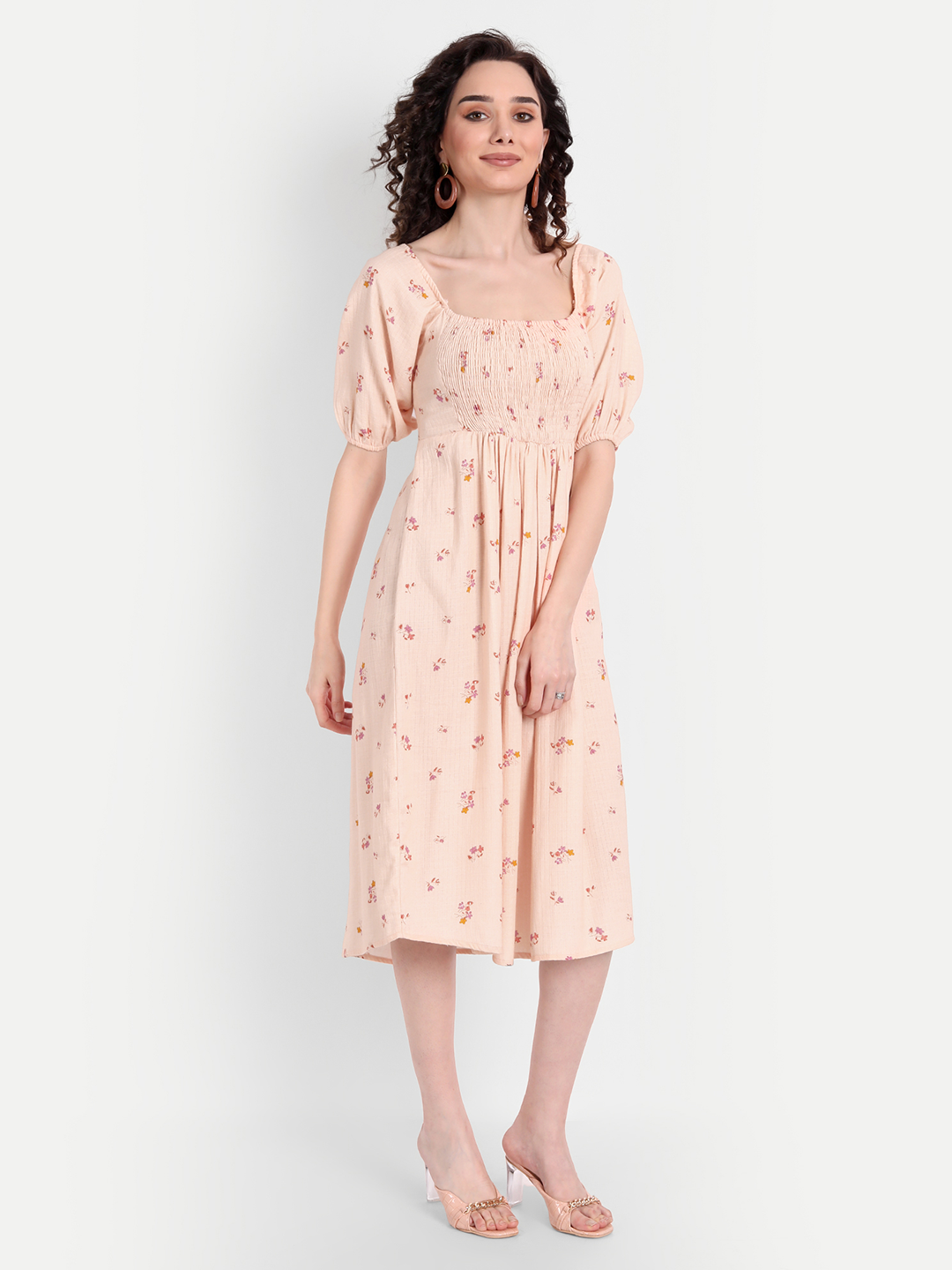 Peach-Coloured Floral Midi Dress