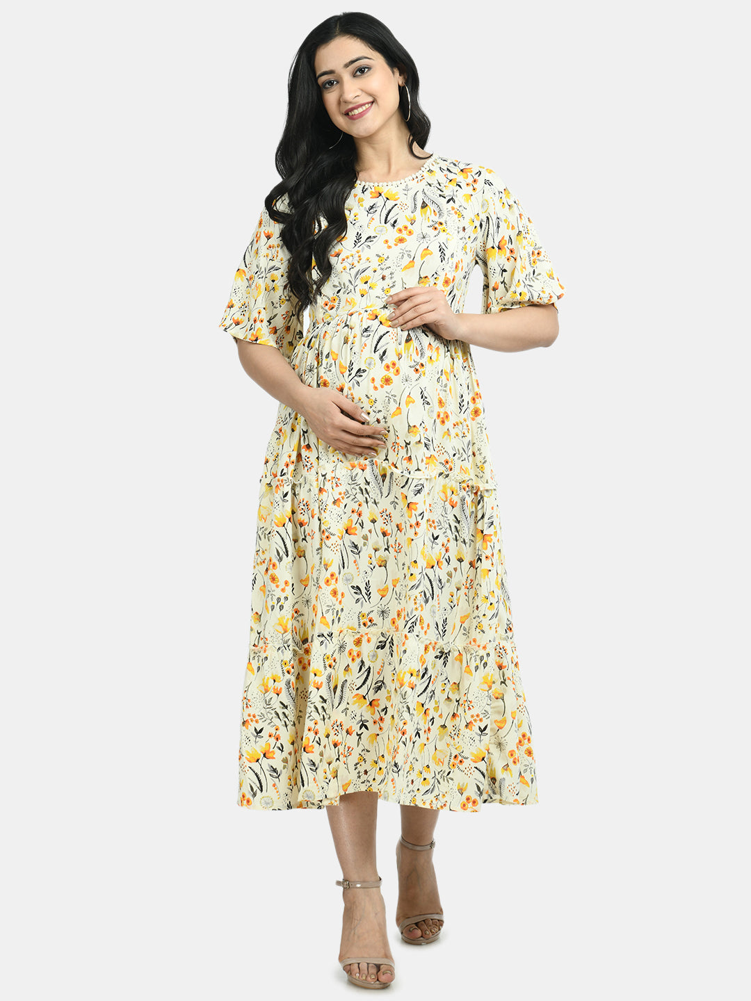 Women Beige & Yellow Floral Printed Maternity A-Line Dress
