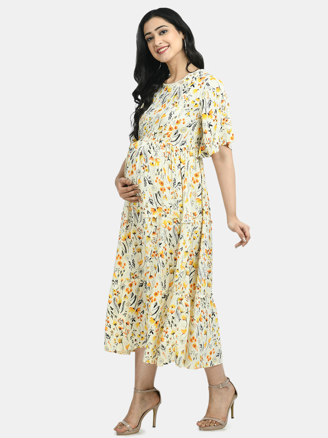 Women Beige & Yellow Floral Printed Maternity A-Line Dress