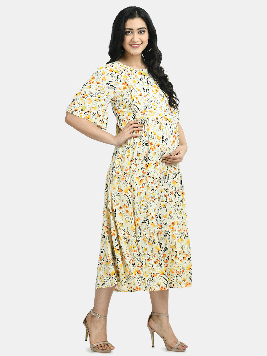 Women Beige & Yellow Floral Printed Maternity A-Line Dress